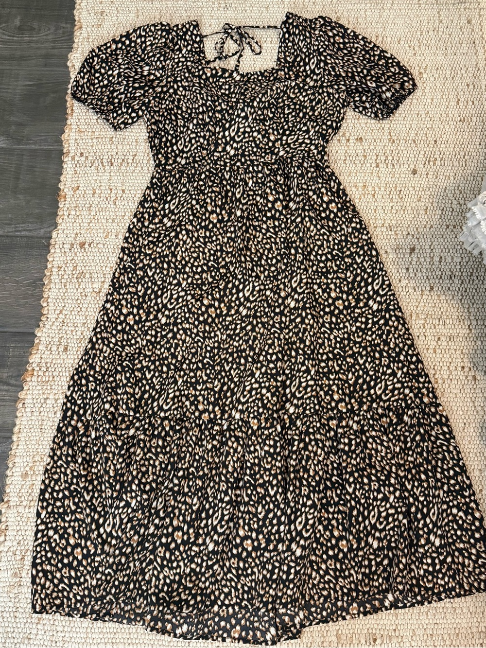 Smocked Black Maxi Dress with Beige Animal Print
